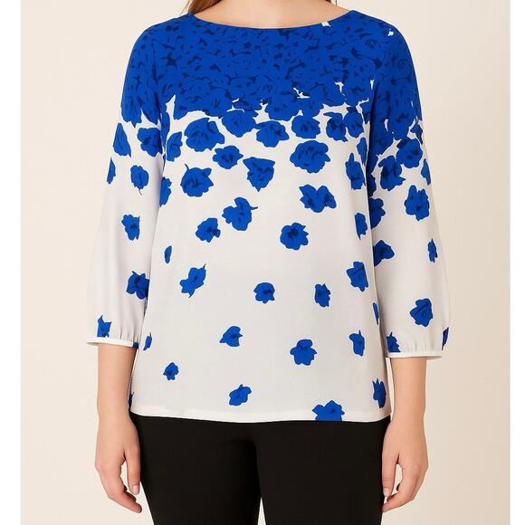 L.K.Bennett Lasa Poppy Silk Top Womens 10 Blue‎ Floral Office Minimalist Summer - Picture 1 of 8